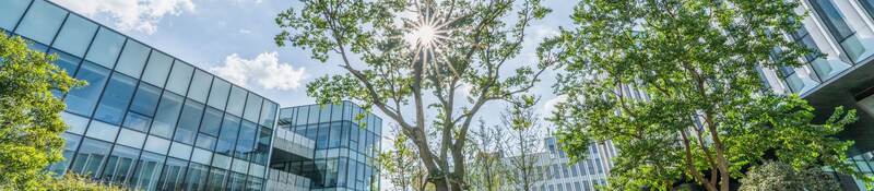 Modern eco city with green trees.