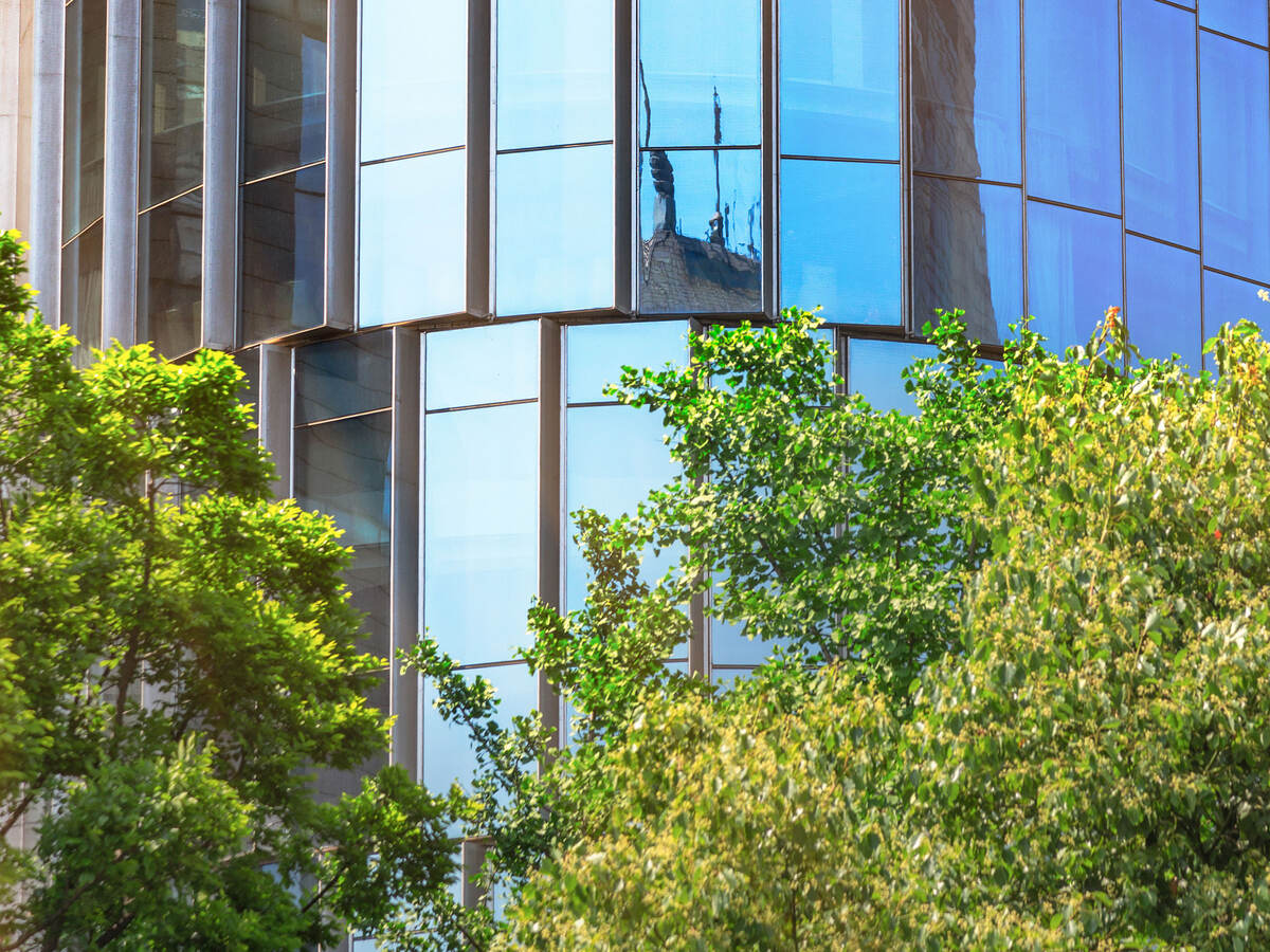 glass building  with trees in front of it