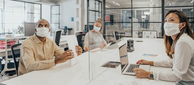 People in open office environment working separated by transparent dividers 