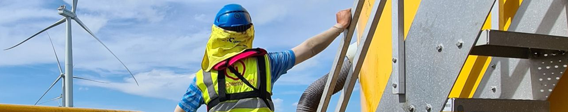 Engineer looking at wind turbines in the distance