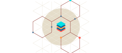 Illustration of a stack of colored squares surrounded by a chemical structure