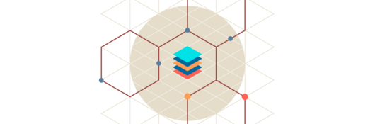 Illustration of a stack of colored squares surrounded by a chemical structure