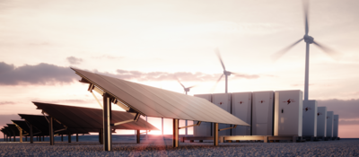 Solar panel and battery field at dusk