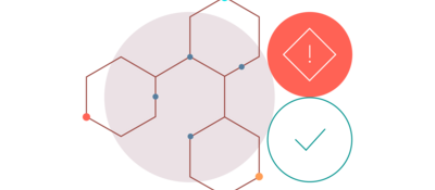 Illustration of a chemical structure next to a warning symbol and a checkmark