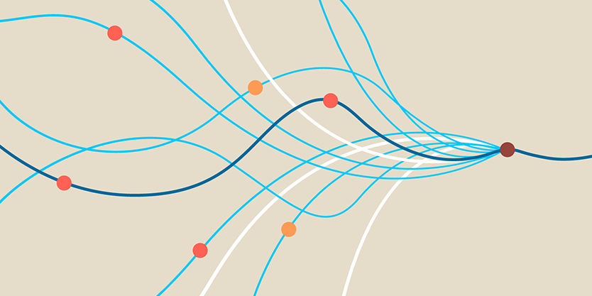 Illustration of several wavy lines coming together to form one line